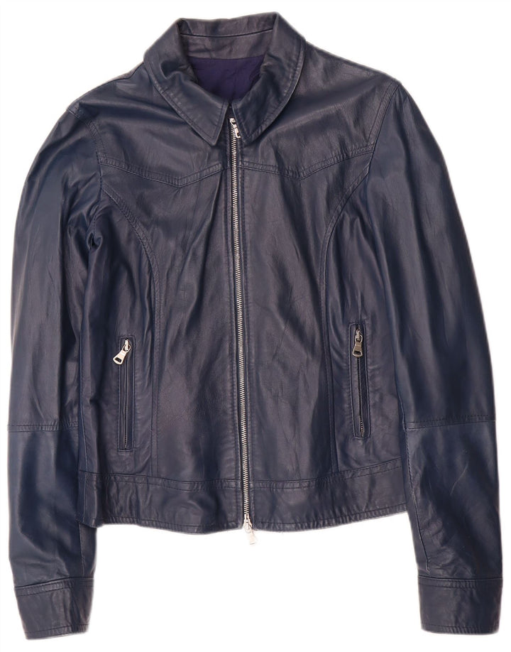 Vintage mujer crop chaqueta de cuero Reino Unido 14 cuero azul marino grande