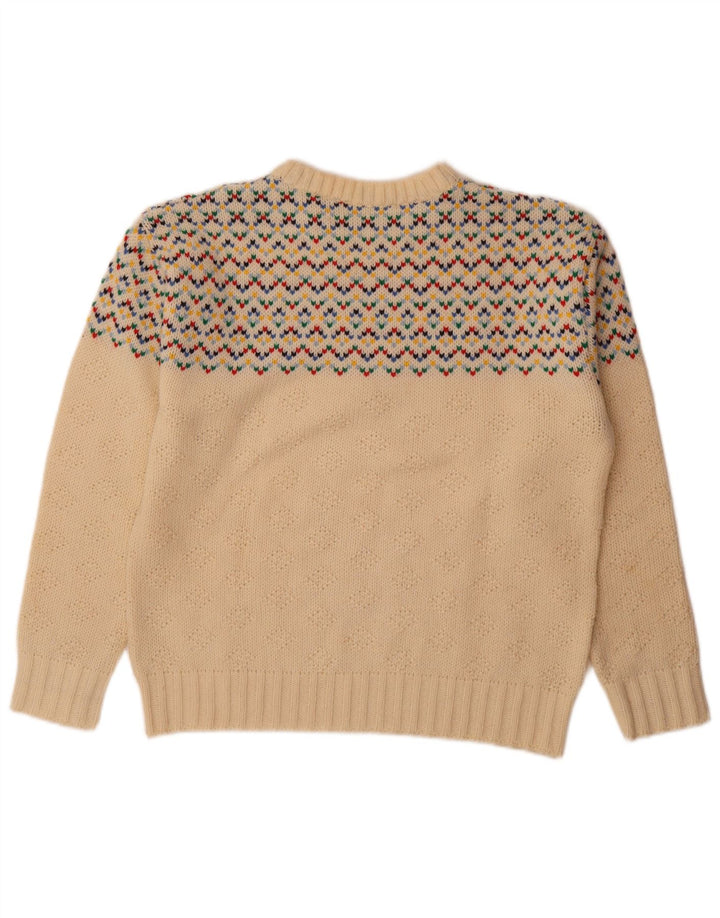 Vintage hombres cuello redondo jersey suéter medio apagado blanco Fair Isle