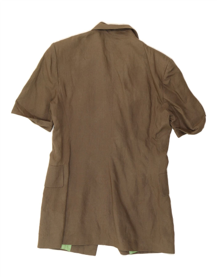 VINTAGE Womens Short Sleeve 1 Button Blazer Jacket IT 46 Large Khaki Linen Vintage Vintage and Second-Hand Vintage from Messina Hembry 