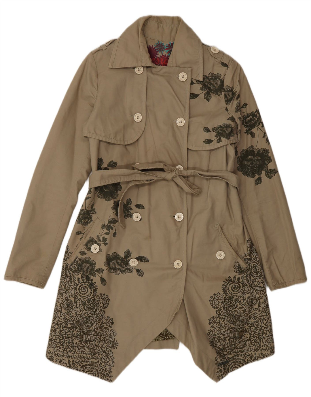 Desigual Gabardina de doble botonadura para mujer EU 38 Medio Beige Floral