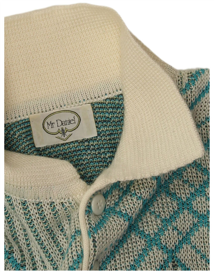 Vintage hombres polo cuello jersey suéter azul medio geométrico