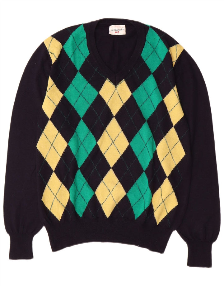Marronetto Jersey con Cuello en V para Hombre Small Azul Marino Argyle/Diamond Wool