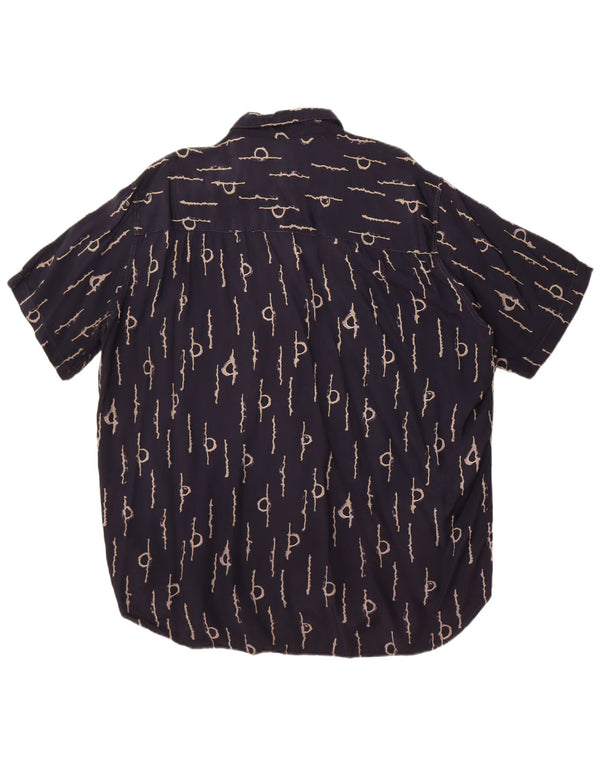 Vintage hombres patrón abstracto camisa de manga corta XL azul marino