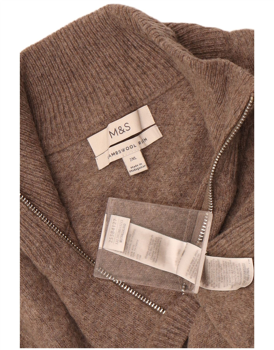 Marks & Spencer Jersey con cuello y cremallera para hombre, talla 2XL, lana marrón