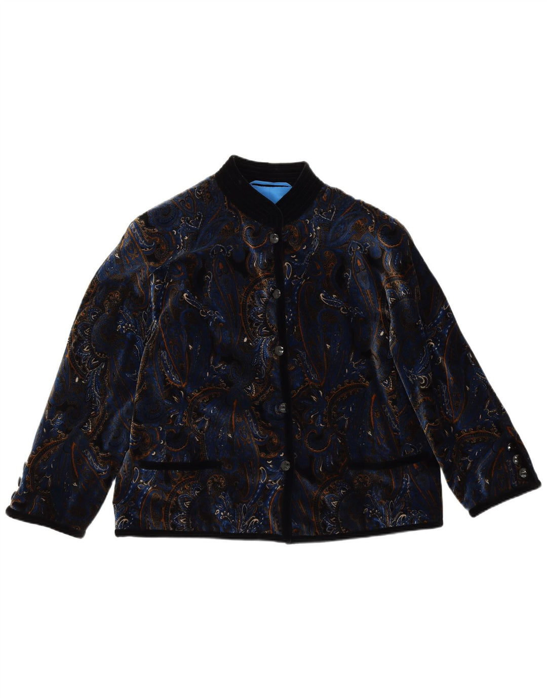 VINTAGE Mujer Terciopelo 5 Botón Blazer Chaqueta Reino Unido 14 Grande Azul Paisley