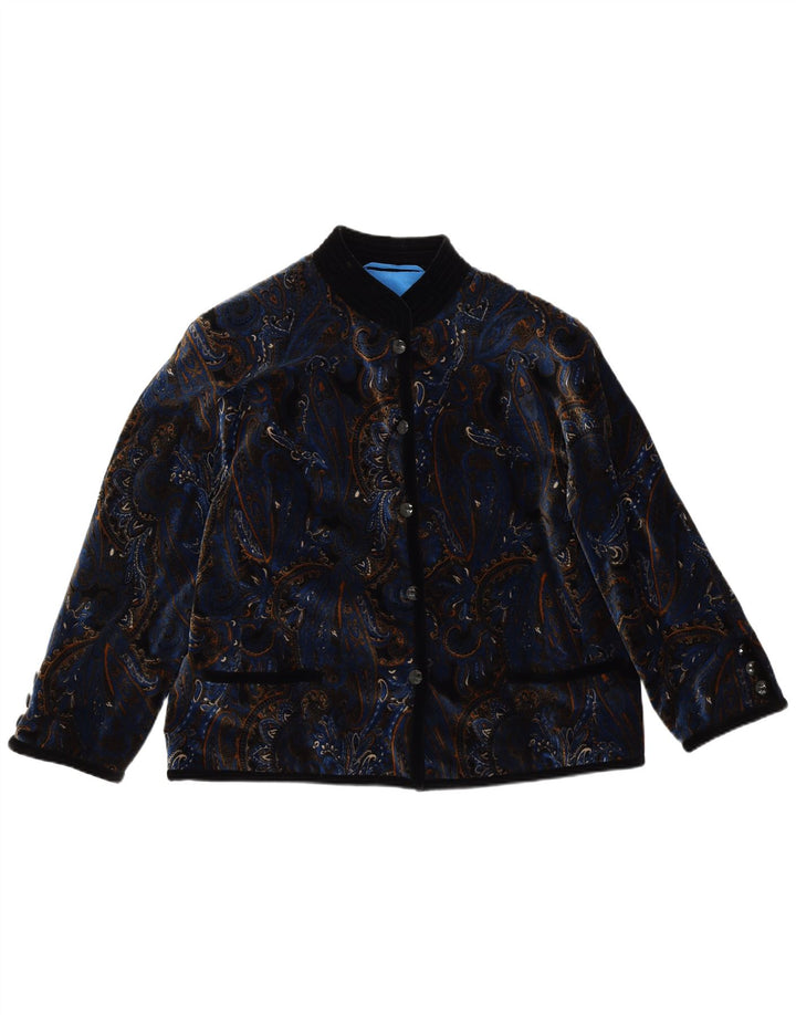 VINTAGE Mujer Terciopelo 5 Botón Blazer Chaqueta Reino Unido 14 Grande Azul Paisley