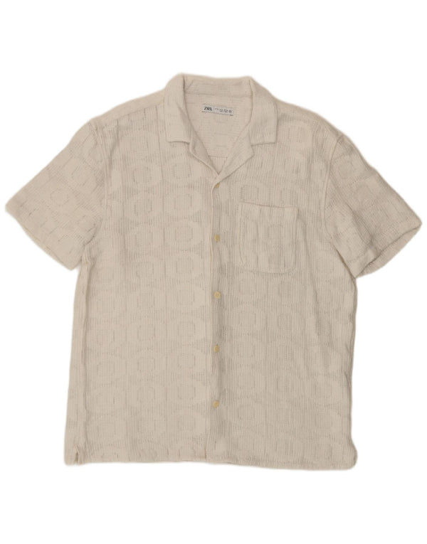Zara Hombre Camisa Manga Corta XL Blanco Geométrico Algodón