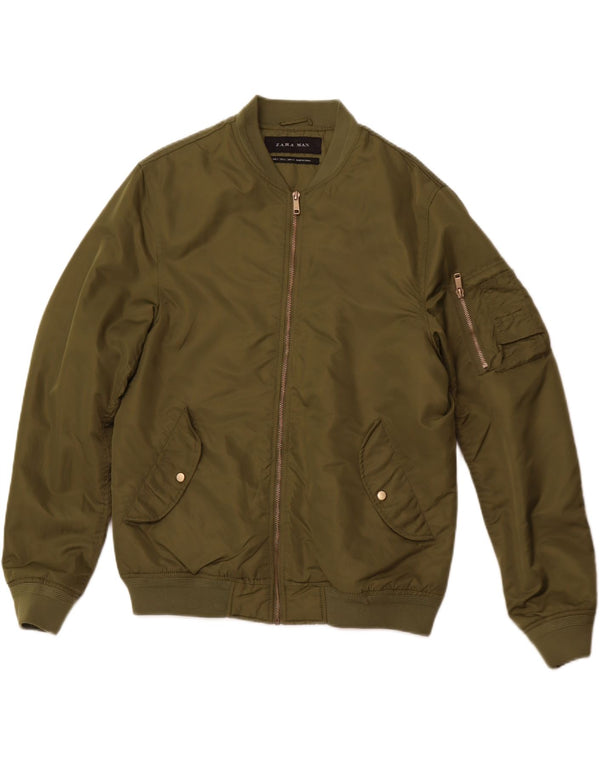 ZARA Chaqueta de aviador de vuelo con gráfico de aventura para hombre UK 40 Large Nylon verde
