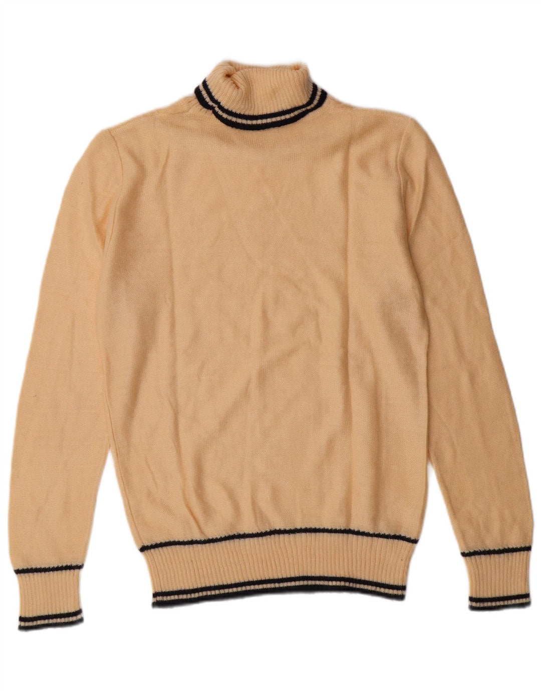 VINTAGE Hombres Roll Neck Jumper Suéter Pequeño Beige Rayas Clásico
