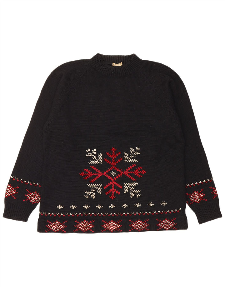 Vintage hombres tortuga cuello jumper suéter medio negro Fair Isle Navidad
