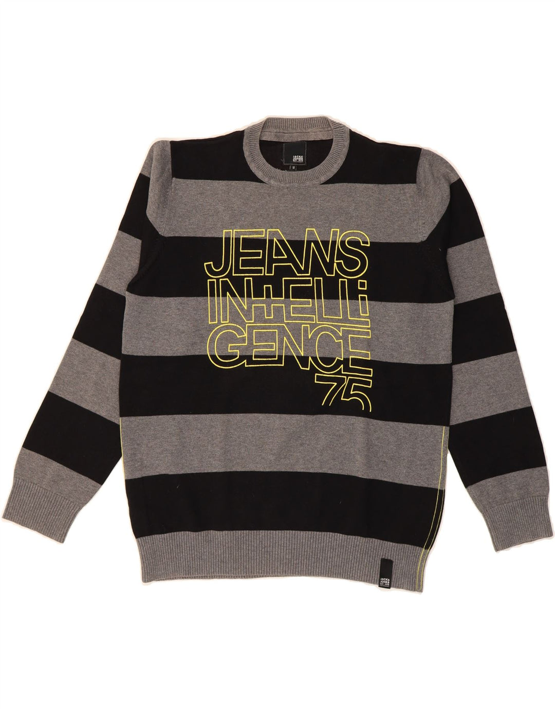 JACK & JONES Mens Graphic Sweatshirt Jumper Medium Grey Striped Cotton Vintage Jack & Jones and Second-Hand Jack & Jones from Messina Hembry 