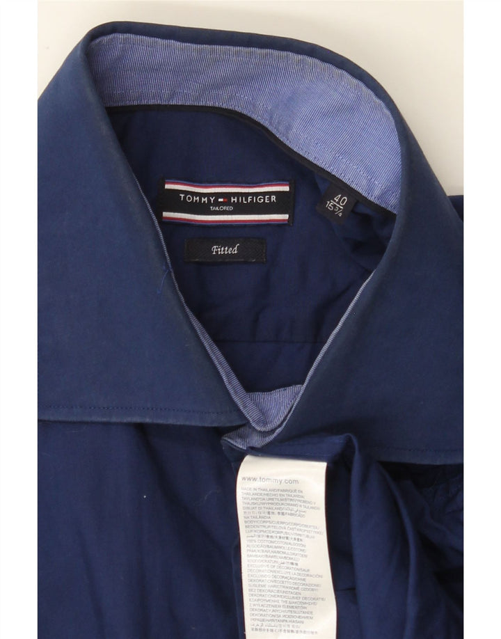 TOMMY HILFIGER Camisa ajustada para hombre Talla 40 15 3/4 Mediana Azul marino Algodón