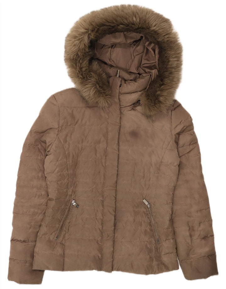 ARMANI JEANS Chaqueta acolchada con capucha para mujer IT 40 Small Marrón Poliéster