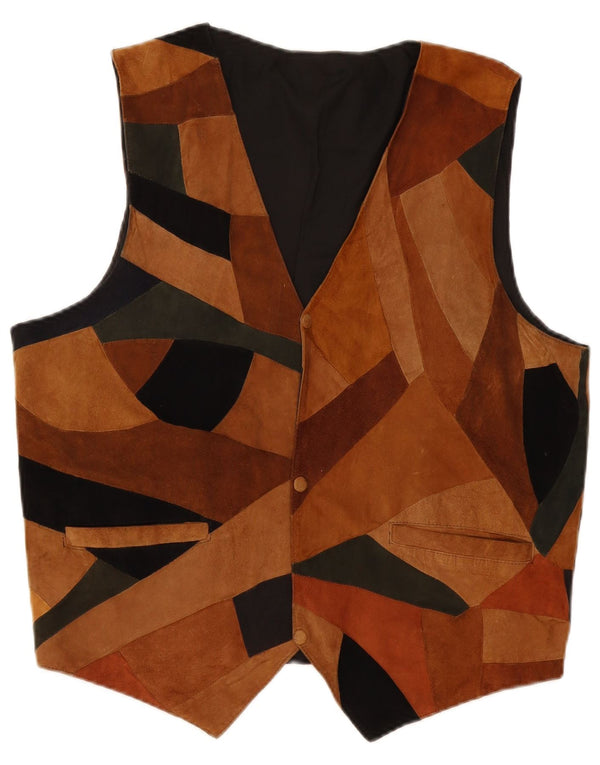 Vintage hombres ante chaleco medio marrón patchwork