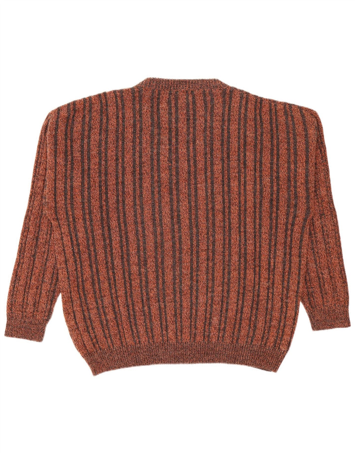 Vintage hombres V-cuello jumper suéter pequeño marrón rayas