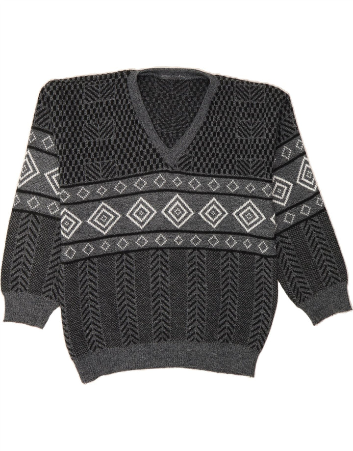 VINTAGE Mens V-Neck Jumper Sweater Medium Grey Geometric Vintage Vintage and Second-Hand Vintage from Messina Hembry 