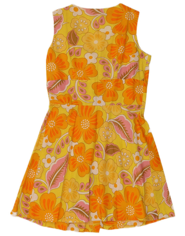 Vintage mujer sin mangas A-Line vestido Reino Unido 12 medio amarillo floral