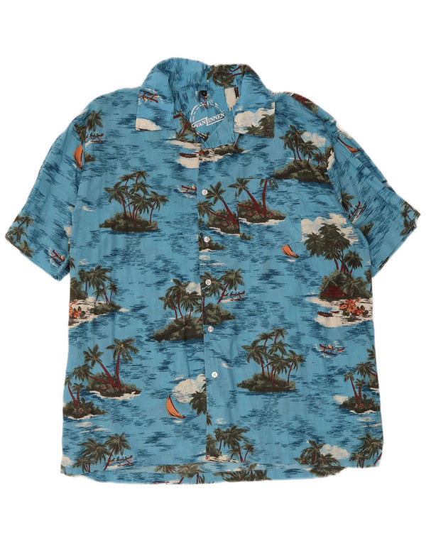 Vintage hombres manga corta camisa hawaiana XL algodón azul
