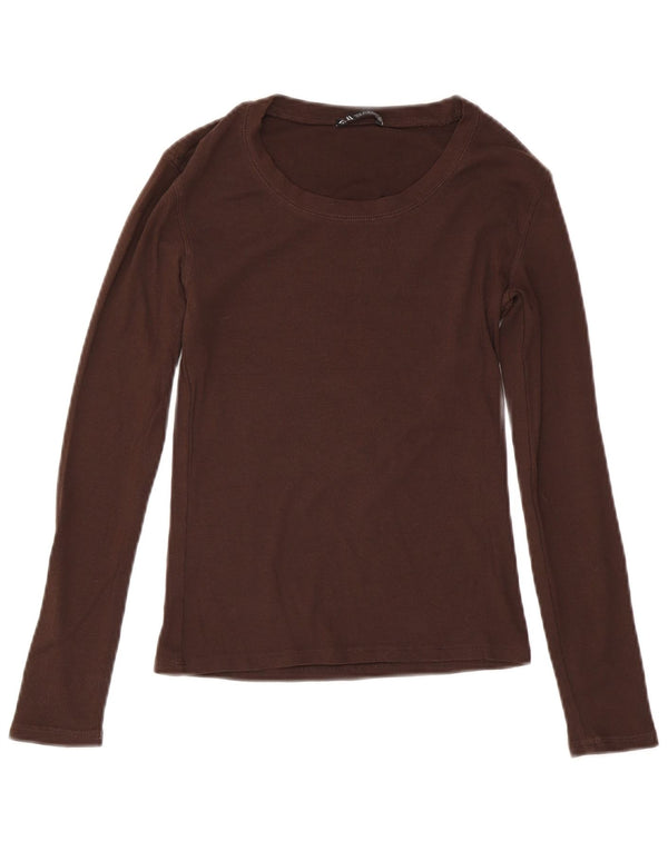 Zara Mujer Top Manga Larga UK 42 Algodón Marrón Medio