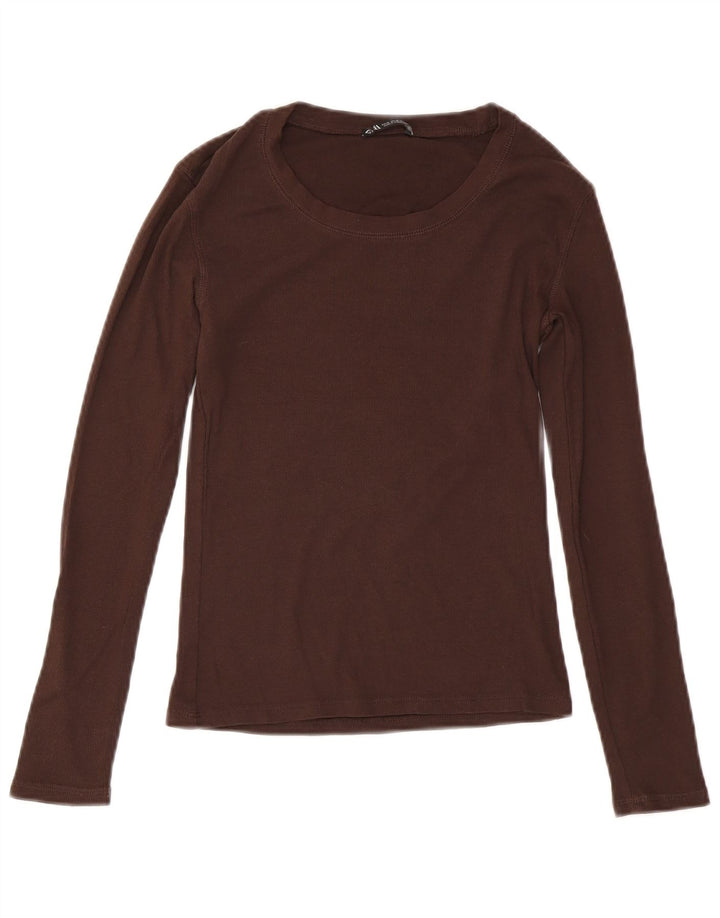 Zara Mujer Top Manga Larga UK 42 Algodón Marrón Medio