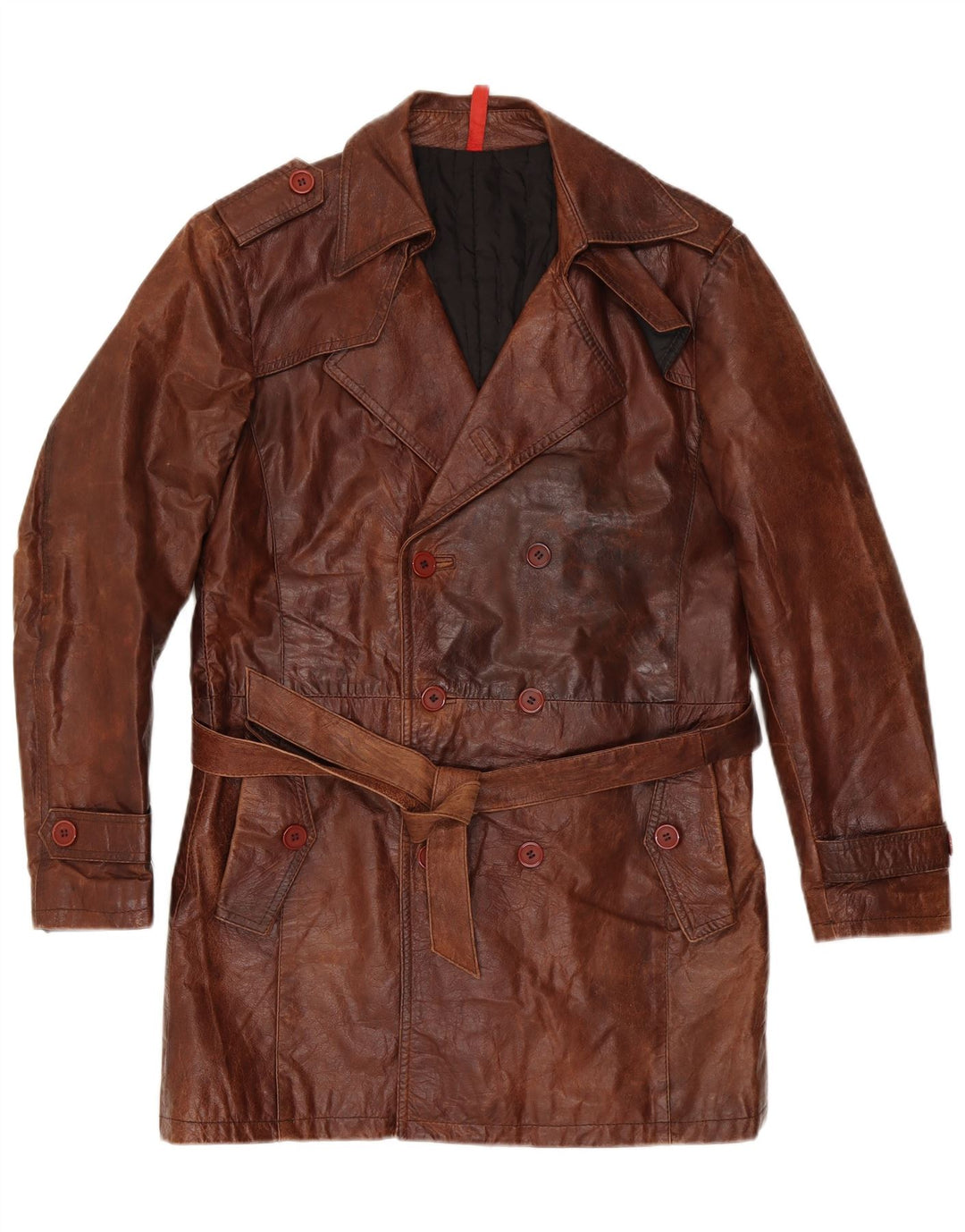 VINTAGE Hombres Abrigo de cuero militar de doble pecho IT 50 Marrón grande