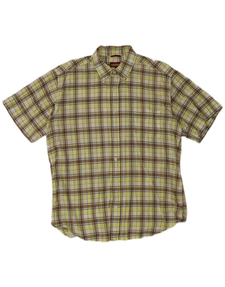 Carrera Camisa de manga corta para hombre de algodón a cuadros verdes grandes