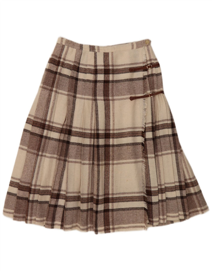 Vintage mujer Kilted Wrap falda W28 cheque marrón medio