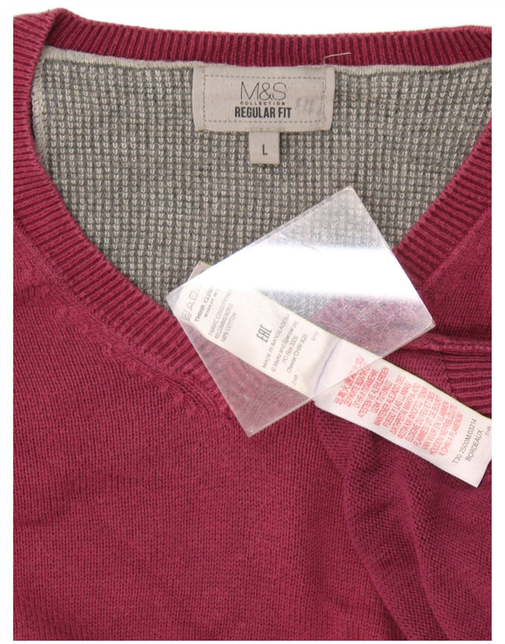 Marks & Spencer Suéter tipo jersey con cuello en V y corte regular para hombre, talla grande, color burdeos