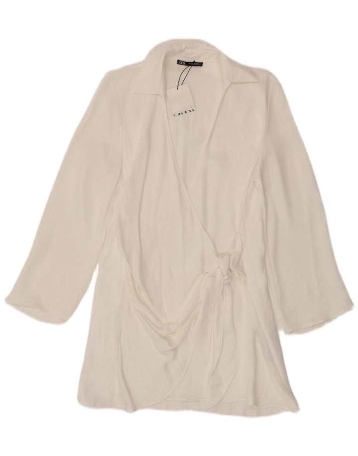 Zara Mujer Vestido Cruzado De Manga Larga UK 42 Medio Viscosa Blanca