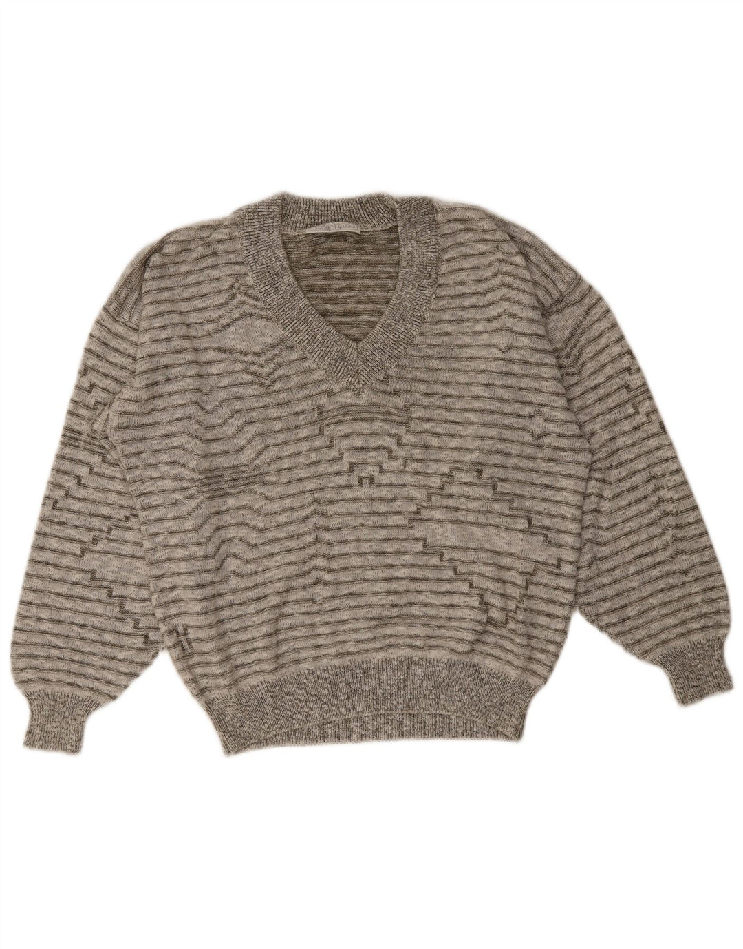 Vintage hombres V-cuello jumper suéter medio gris rayas