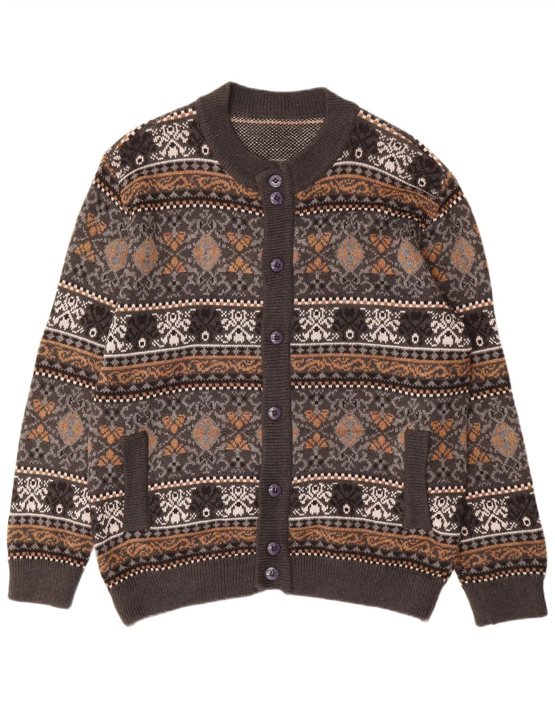 Vintage hombres Cardigan suéter grande gris Fair Isle lana