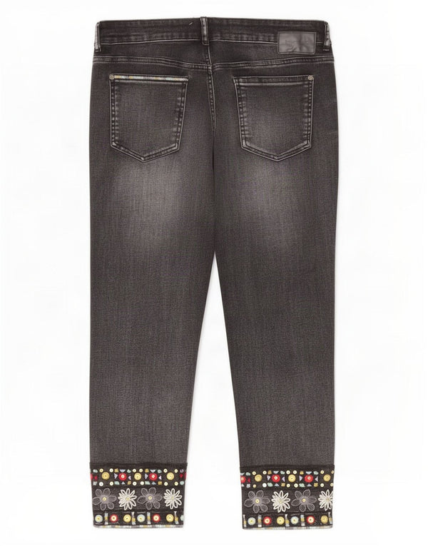 Desigual Womens Cropped Jeans EU 44 XL W34 L24 Black Floral Cotton
