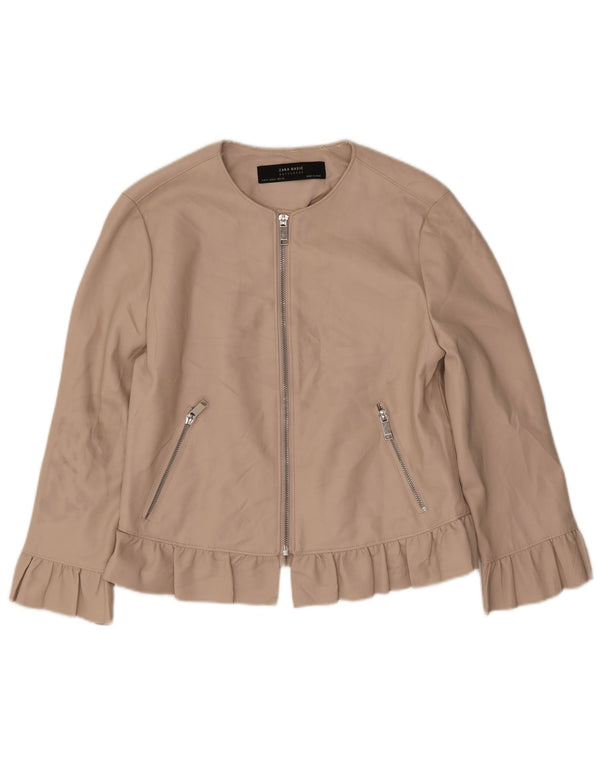Zara Womens 3/4 Sleeve Faux Leather Bolero Jacket UK 12 Medium Beige
