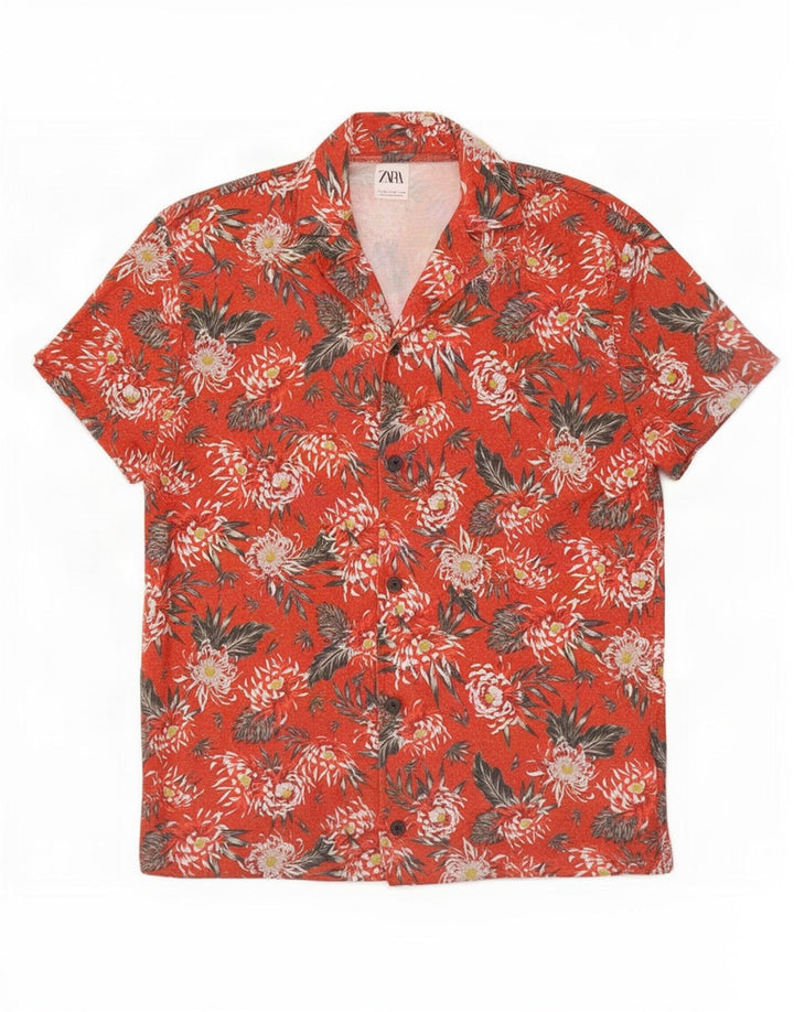 Zara Hombre Camisa Manga Corta Poliéster Floral Rojo Mediano