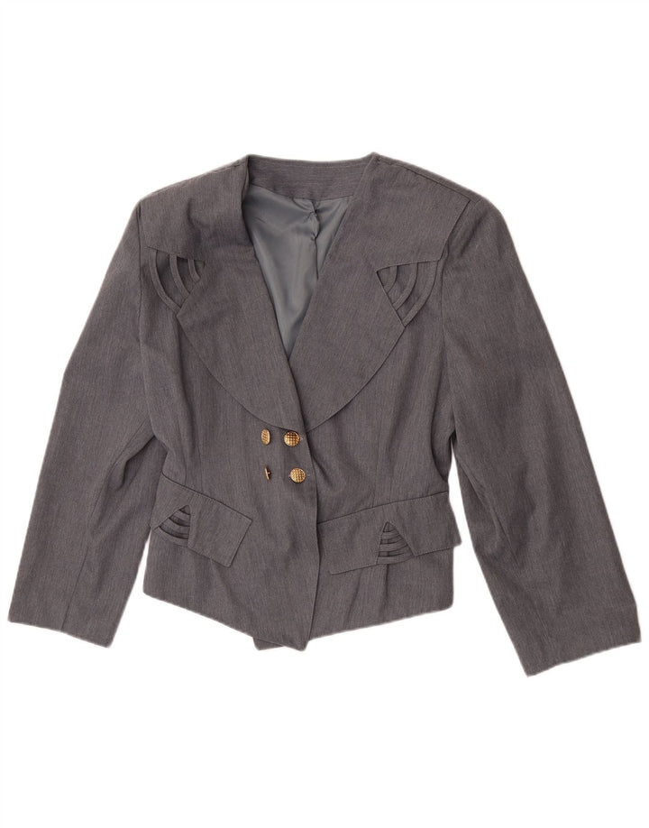 Vintage mujer doble pecho Blazer chaqueta Reino Unido 12 poliéster gris medio