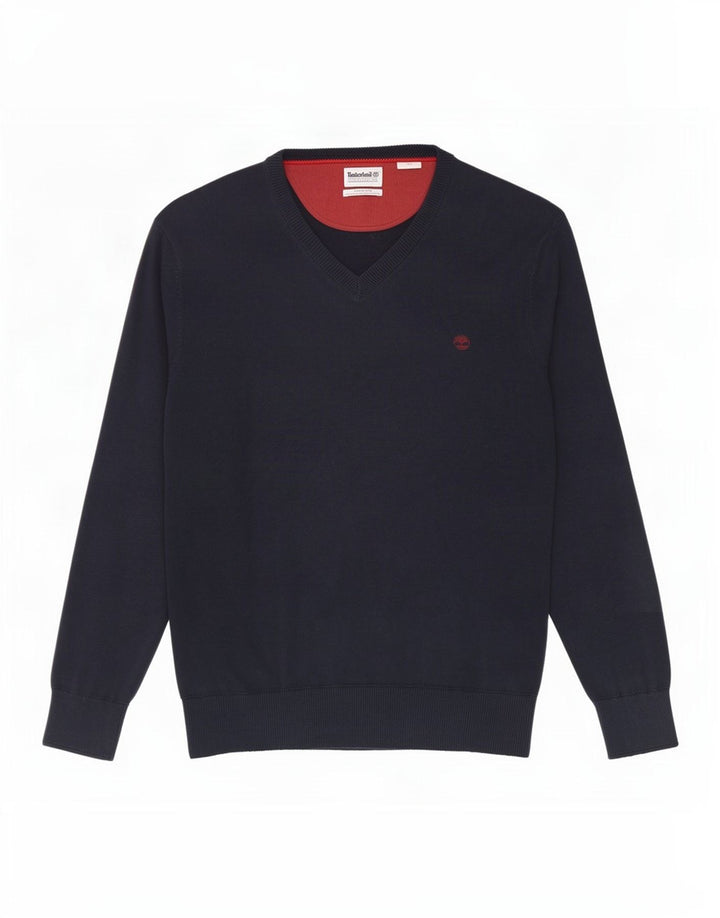 Timberland Jersey con cuello en V para hombre, suéter mediano de algodón azul marino