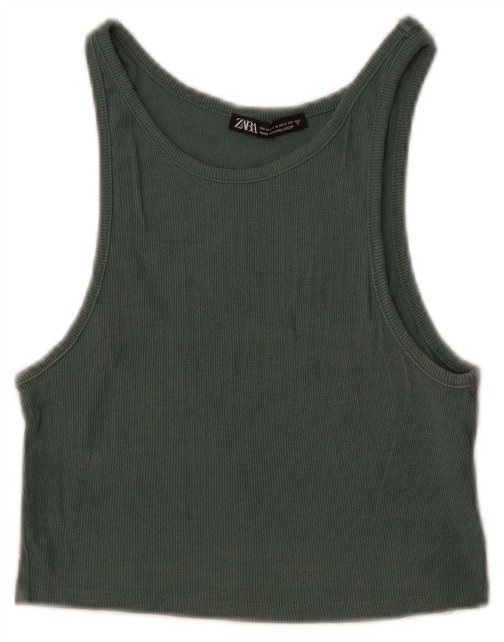 Zara Mujer Crop Vest Top UK 12 Algodón Verde Medio