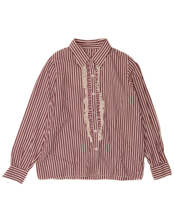 Vintage mujer volante camisa delantera Reino Unido 18 XL Borgoña rayas