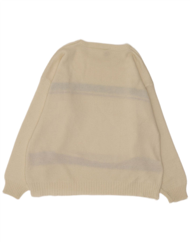 Vintage hombres barco cuello jumper suéter grande de blanco Argyle/Diamond