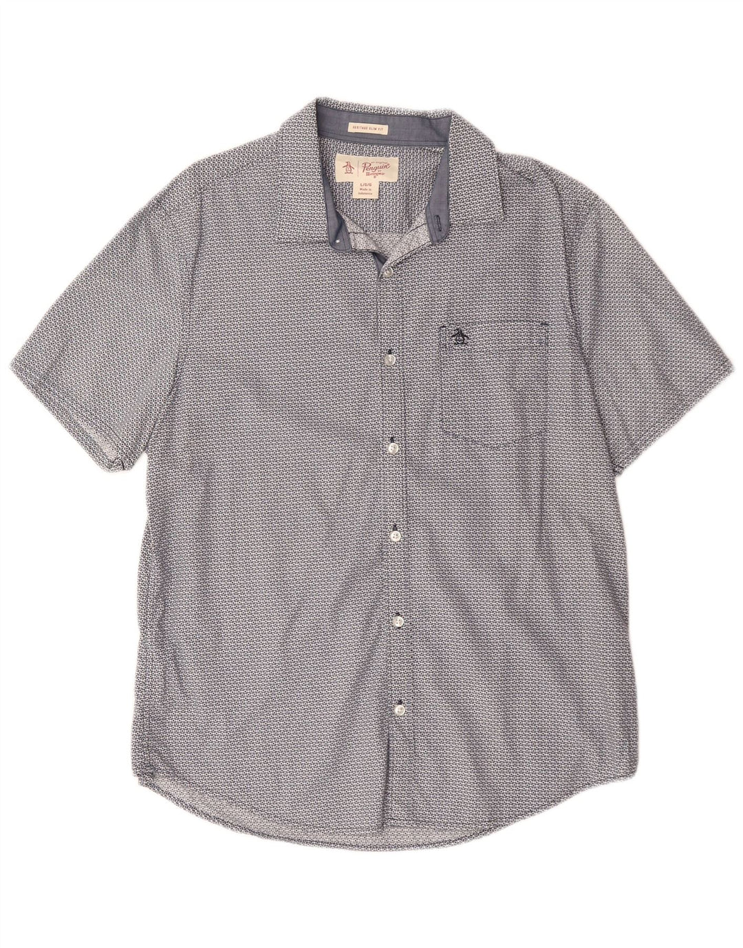 PENGUIN Camisa de manga corta Heritage Slim Fit para hombre, talla grande, azul geométrico