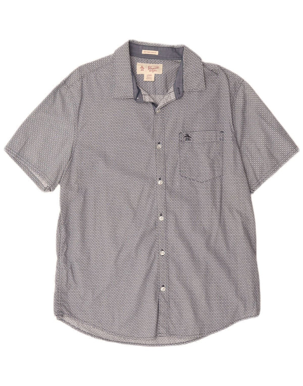 PENGUIN Mens Heritage Slim Fit Short Sleeve Shirt Large Blue Geometric