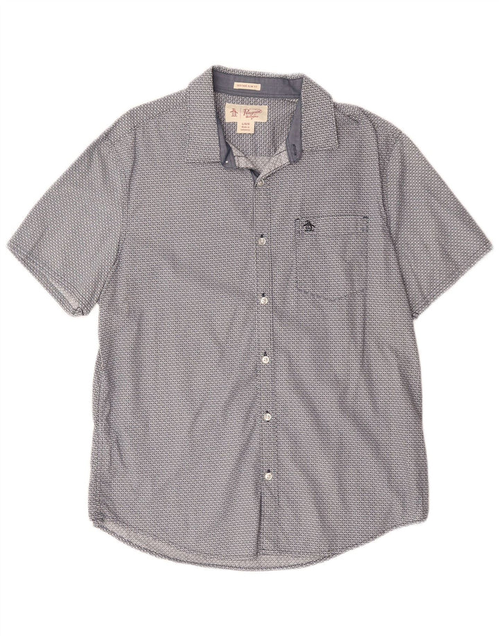 PENGUIN Camisa de manga corta Heritage Slim Fit para hombre, talla grande, azul geométrico