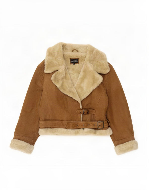 Chaqueta de piel de oveja vintage para mujer IT 44 cuero marrón medio
