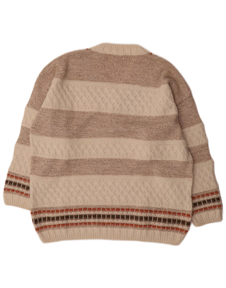 Vintage hombres V-cuello jumper suéter medio beige rayas lana