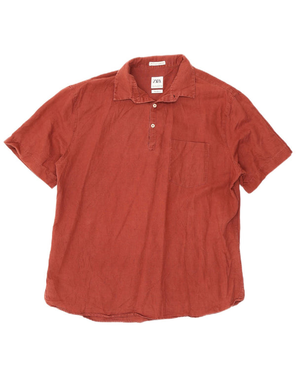 Zara Camisa tipo pulóver de manga corta y ajuste relajado para hombre, talla grande, color burdeos