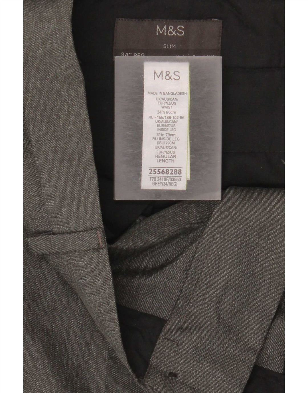 Marks & Spencer Pantalón chino ajustado para hombre W34 L31 Poliéster gris
