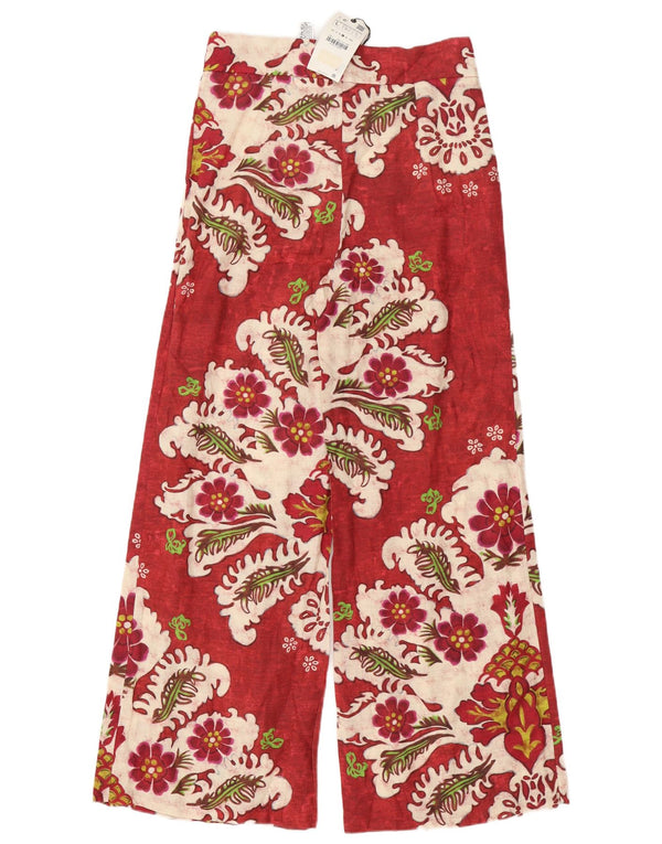 Zara Mujer Pantalones Anchos De Cintura Alta Grande W30 L33 Lino Floral Rojo