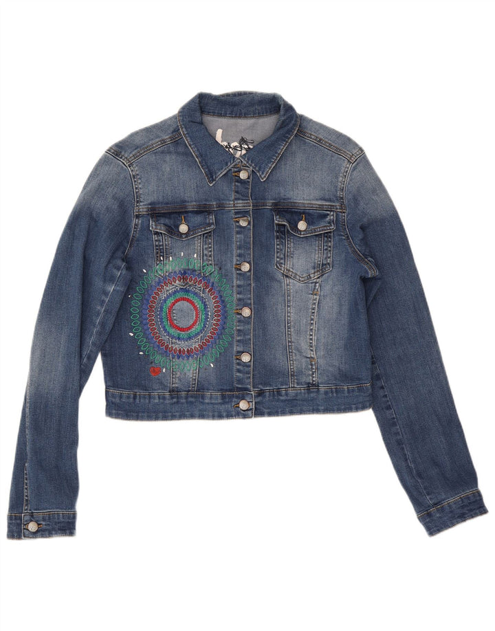 Desigual Chaqueta vaquera corta gráfica para mujer EU 42 Poliéster azul grande