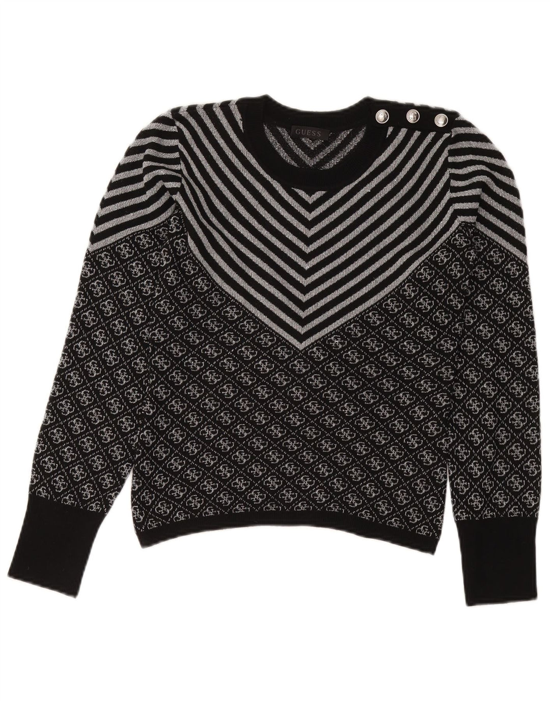 GUESS Suéter tipo jersey con cuello redondo para mujer UK 6 XS Poliéster Chevron negro