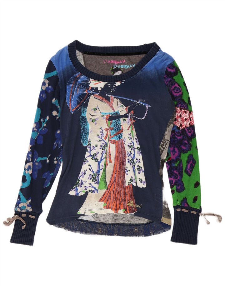 DESIGUAL Top gráfico para mujer de manga larga UK 44 Medio azul marino floral
